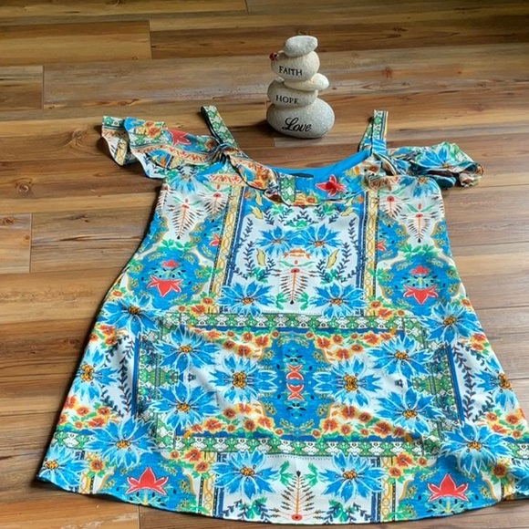 💖New Listing! Be by Chetta B, bright turquoise print w/off shoulder sleeves - Picture 1 of 4